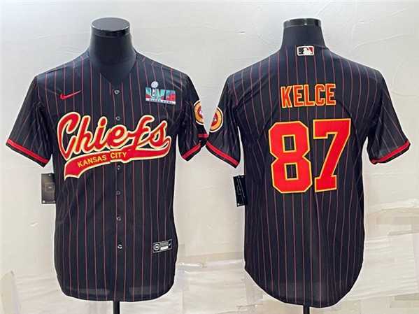 Men%27s Kansas City Chiefs #87 Travis Kelce Black With Super Bowl LVII Patch Cool Base Stitched Baseball Jersey->kansas city chiefs->NFL Jersey
